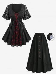 Rose Flower Lace Patchwork Lace-up Top and Mock Buttons Layered Pockets A Line Skirt Plus Size Outfit -  