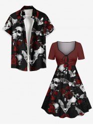 Halloween Skull Bat Rose Flower Print Plus Size Matching Outfit For Couples -  
