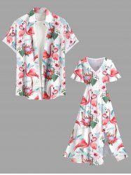Tropical Leaf Hibiscus Flower Flamingo Print Plus Size Matching Hawaii Beach Outfit For Couples -  