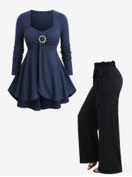 Buckle Ruched Tulip Hem Long Sleeve Textured Top and Solid Color Ruffles Waist Wide Leg Pants Plus Size Outfit -  
