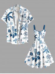 Tenue de plage hawaïenne assortie grande taille à imprimé cocotier, hibiscus, étoiles de mer et soleil pour couples - Blanc 