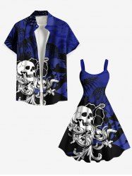 Skull Hibiscus Flowers Tropical Leaf Print Plus Size Matching Hawaii Beach Outfit For Couples -  