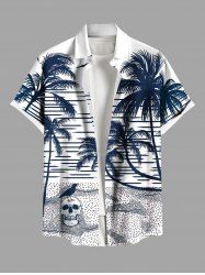 Plus Size Skull Coconut Tree Sea Waves Crow Print Buttons Pocket Hawaii Shirt For Men - Blanc L
