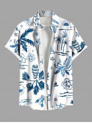 Chemise hawaïenne grande taille à imprimé cocotier, hibiscus, étoiles de mer, soleil, boutons et poches pour homme - Blanc S