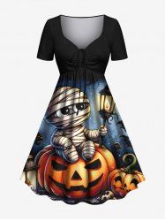 Plus Size Halloween Pumpkin Bat Mummy Baby Print Cinched Dress -  