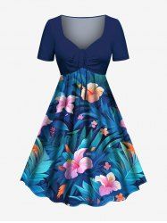 Plus Size Hibiscus Flowers Tropical Leaf Print Cinched Hawaii Dress - Bleu Ciel 6X