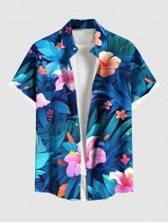 Plus Size Hibiscus Flowers Tropical Leaf Print Buttons Pocket Hawaii Shirt For Men -  