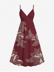 Plus Size Flowers Leaf Print Surplice Hawaii Cami Dress -  