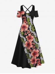Robe longue hawaïenne grande taille à imprimé feuilles tropicales et fleurs d'hibiscus, épaules dénudées et croisées - Noir 3X