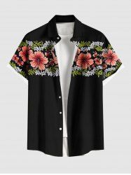 Plus Size Hibiscus Flowers Tropical Leaf Print Buttons Pocket Hawaii Shirt For Men -  
