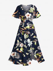 Plus Size Hibiscus Flowers Tropical Leaf Print Split Hawaii Midi Dress -  
