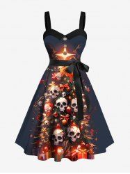 Robe trapèze boutonnée grande taille à imprimé tête de mort et sapin de Noël avec ceinture amovible - Noir 2X