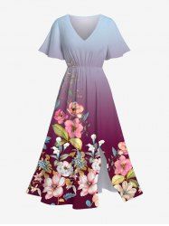 Plus Size Flower Leaf Branch Dip Dye Ombre Print Hawaii Split Pocket A Line Midi Dress -  