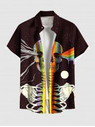 Plus Size Colorful Skeleton Galaxy Print Halloween Button Pocket Shirt For Men -  