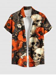 Chemise hawaïenne grande taille à imprimé tête de mort et fleurs pour homme - Orange 2XL