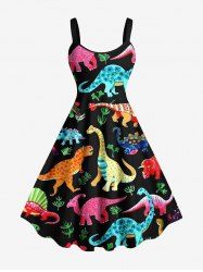 Plus Size Colorful Dinosaur Leaf Print Hawaii A Line Dress -  
