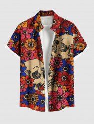 Plus Size Skull Flower Print Hawaii Button Pocket Shirt For Men -  