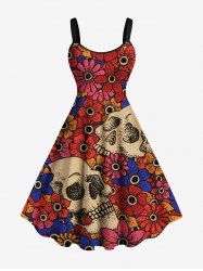 Plus Size Skull Flower Print Hawaii A Line Tank Dress -  