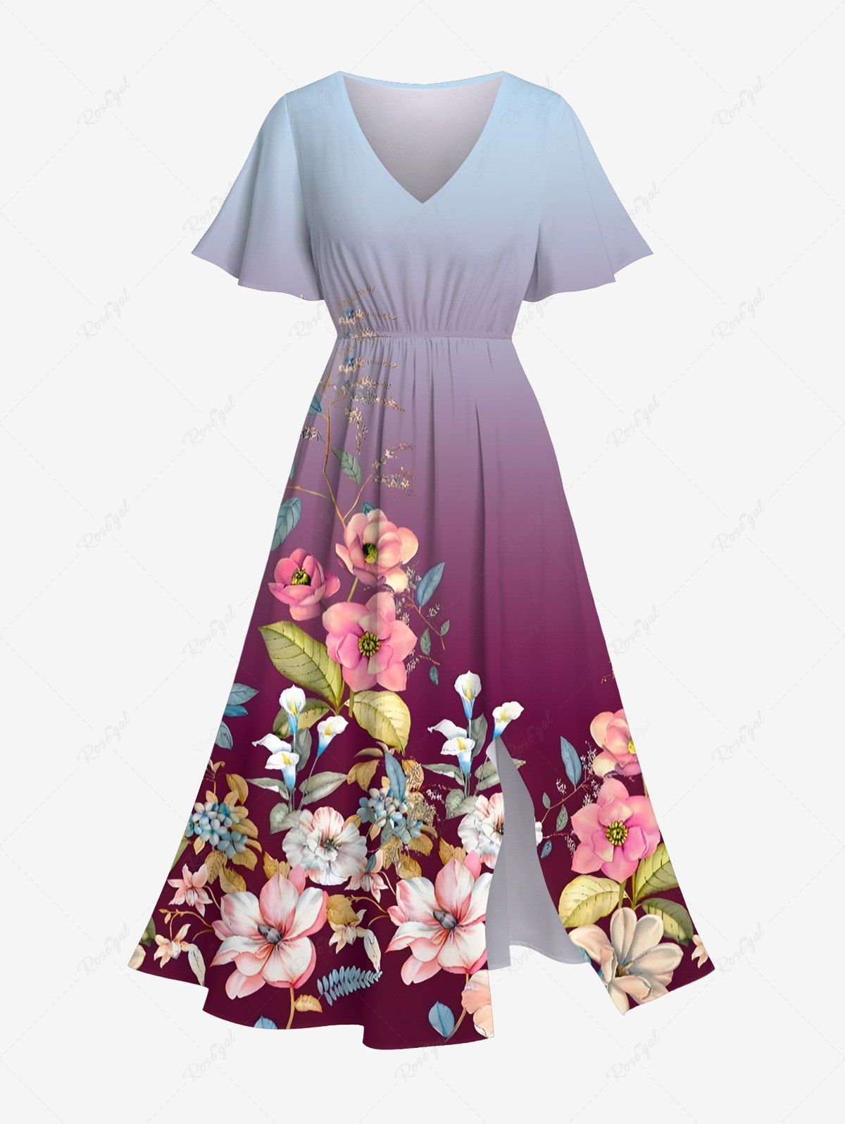 Robe mi-longue hawaïenne grande taille à imprimé ombré, motif floral, feuilles, branches, dip dye, poches fendues Pourpre  XXS