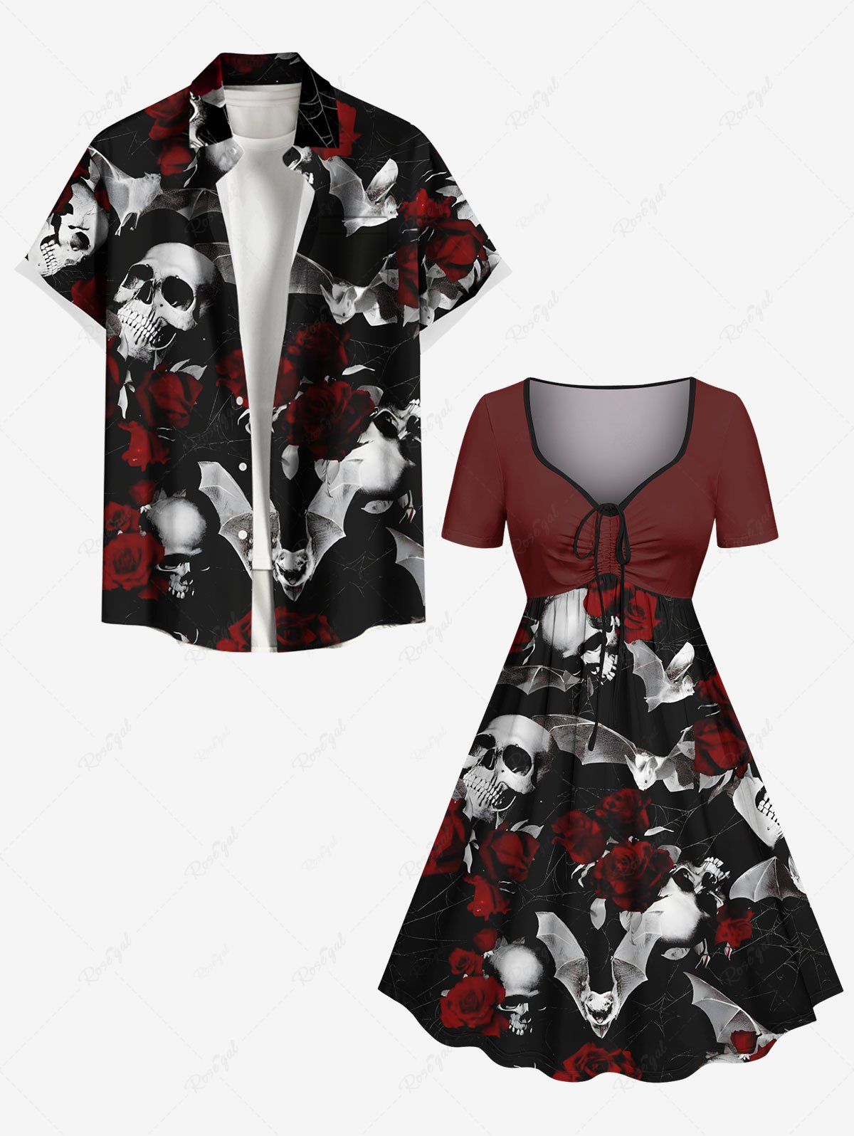 Outfit Halloween Skull Bat Rose Flower Print Plus Size Matching Outfit For Couples  