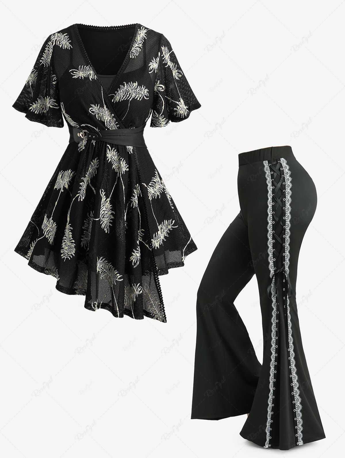 New Feather Jacquard Embroidery Asymmetric Belted 2 in 1 Top and Lace Up Two Tone Flare Pants Plus Size Outfit  