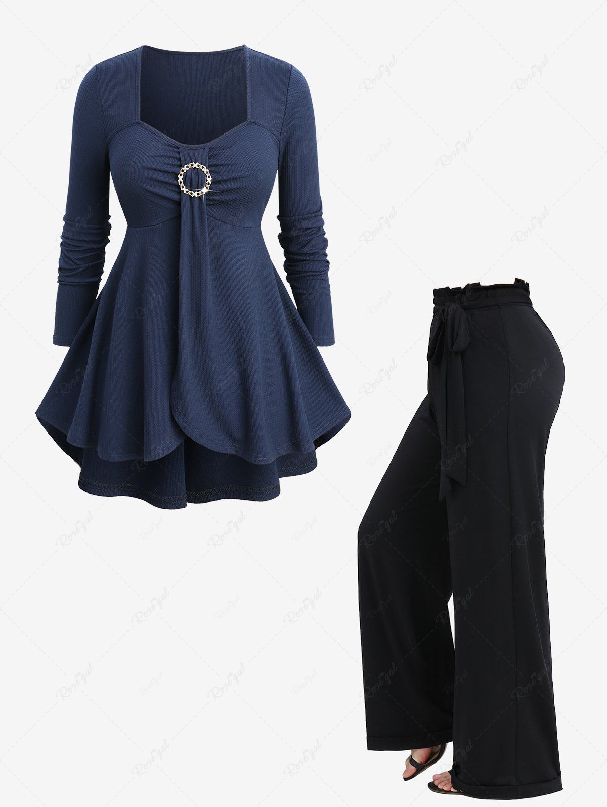 Outfits Buckle Ruched Tulip Hem Long Sleeve Textured Top and Solid Color Ruffles Waist Wide Leg Pants Plus Size Outfit  