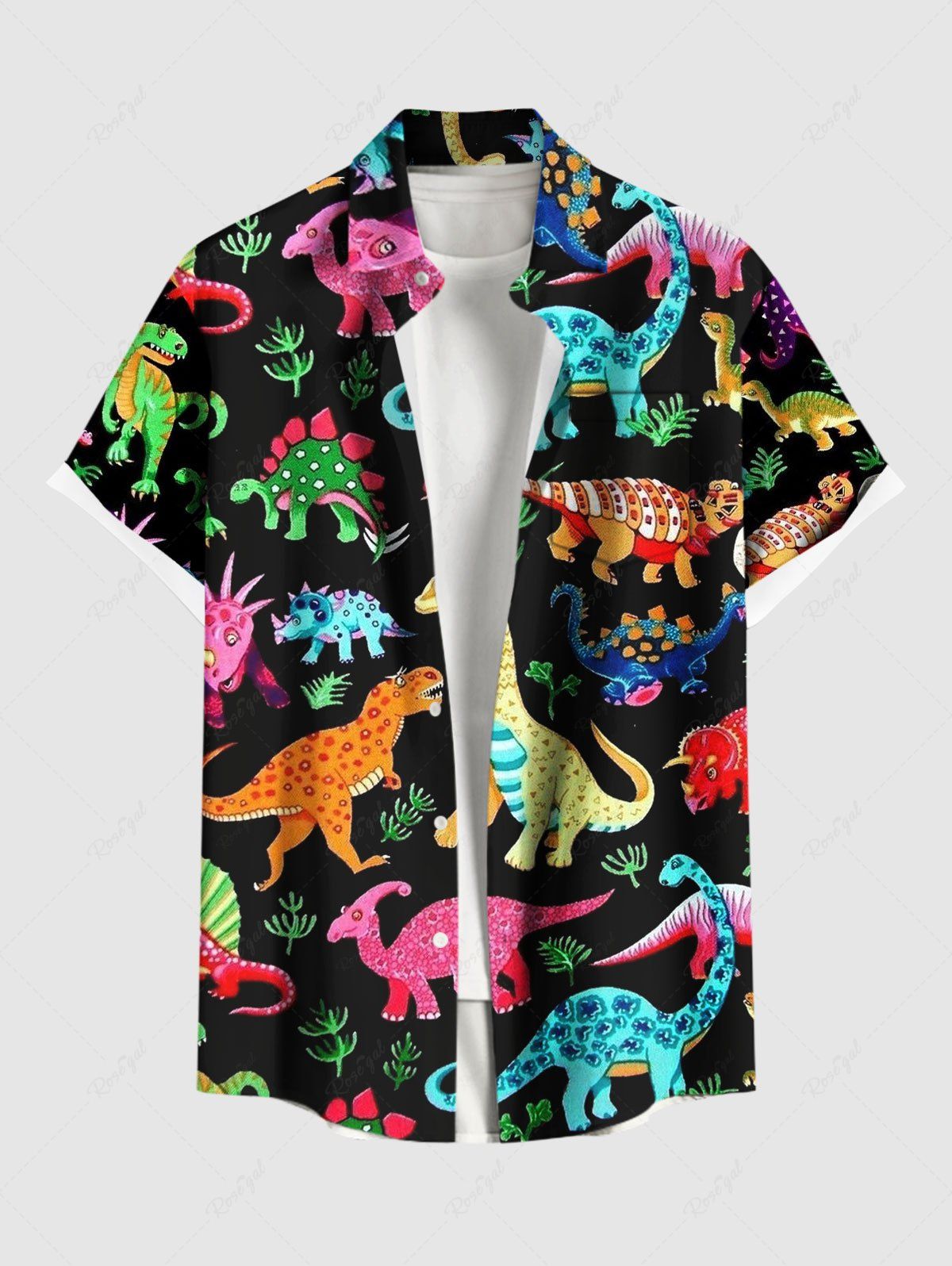 Chemise hawaïenne grande taille à imprimé feuilles de dinosaures colorées et poches boutonnées pour homme Noir 6XL