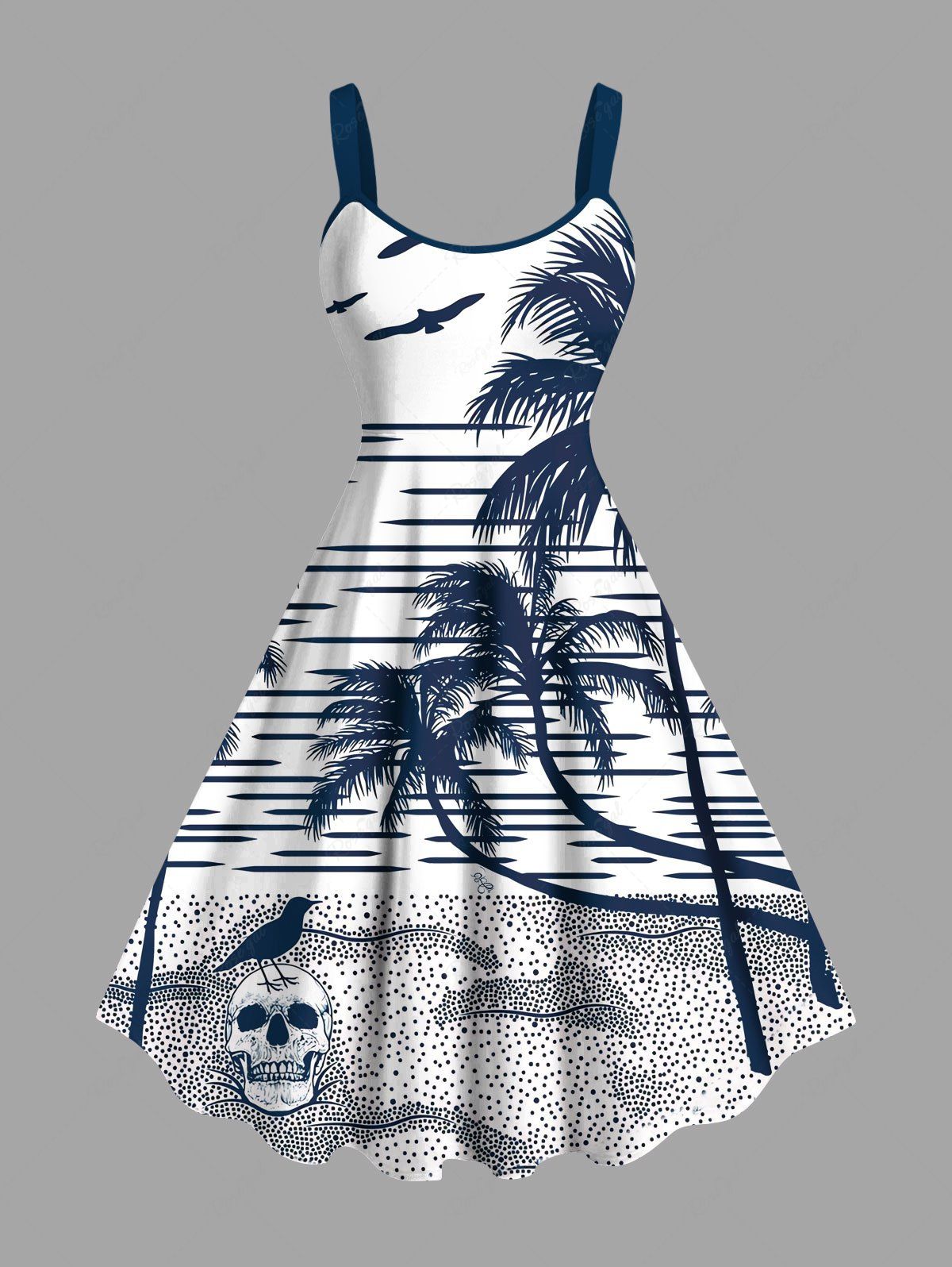 Robe débardeur hawaïenne grande taille à imprimé tête de mort, cocotier, vagues de la mer, corbeau Blanc XXS