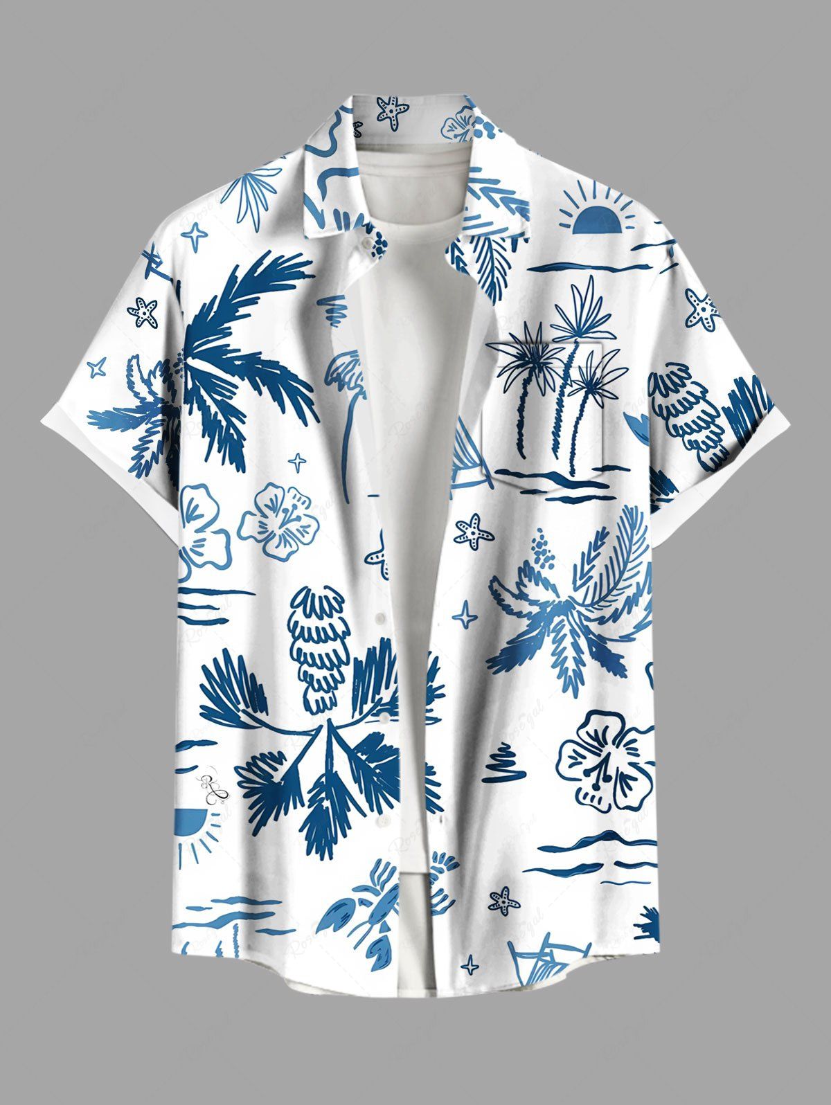 Store Plus Size Coconut Tree Hibiscus Flowers Starfish Sun Print Buttons Pocket Hawaii Shirt For Men  