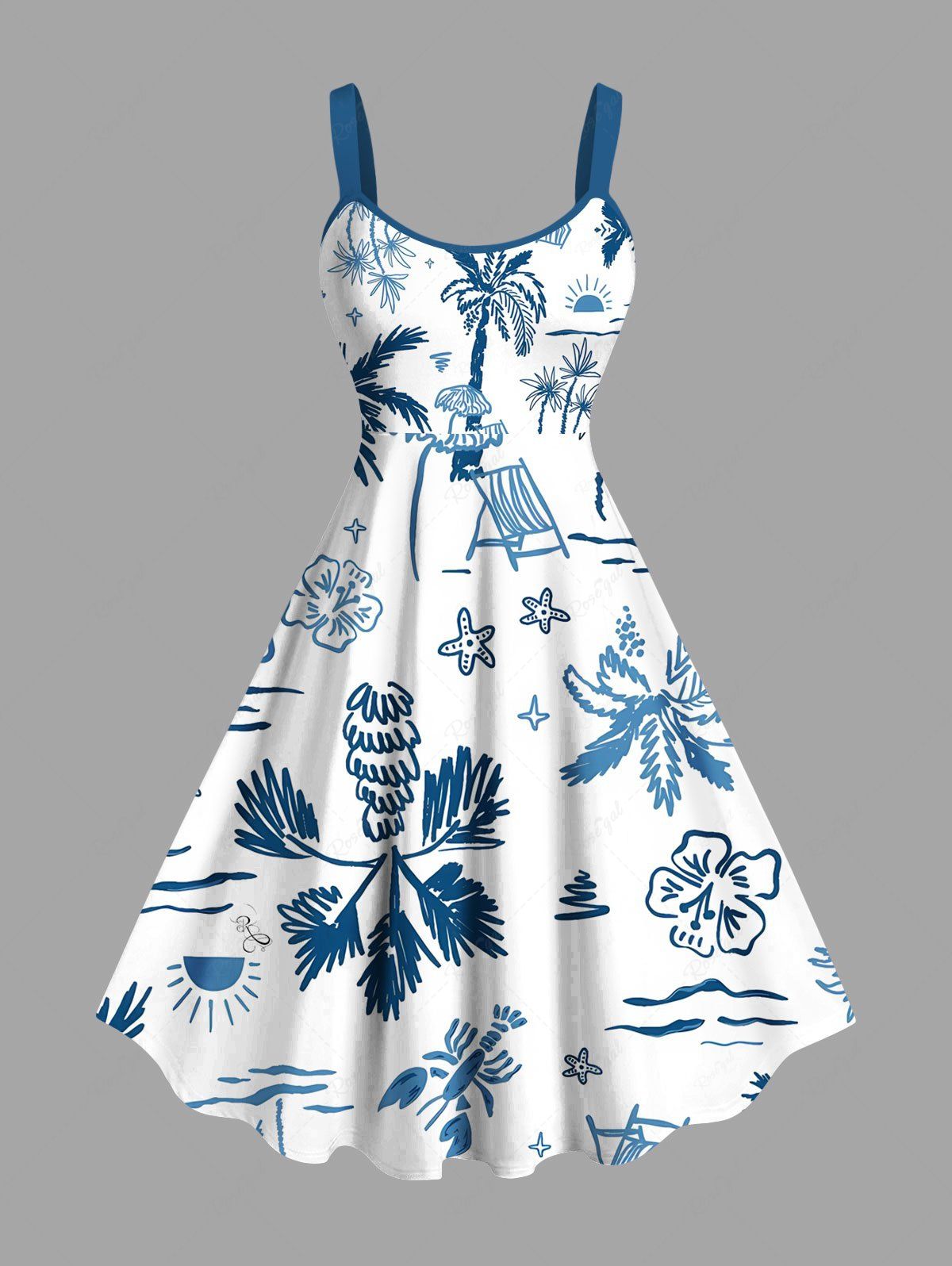 Robe débardeur hawaïenne grande taille à imprimé cocotier, hibiscus, fleurs, étoiles de mer et soleil Blanc 6X