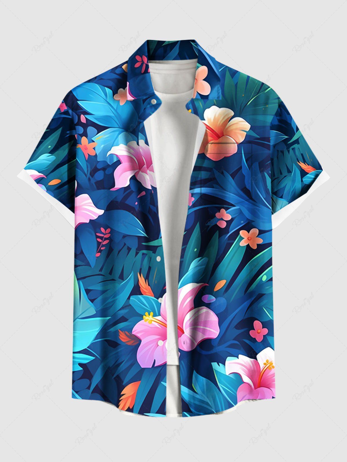 Buy Plus Size Hibiscus Flowers Tropical Leaf Print Buttons Pocket Hawaii Shirt For Men  