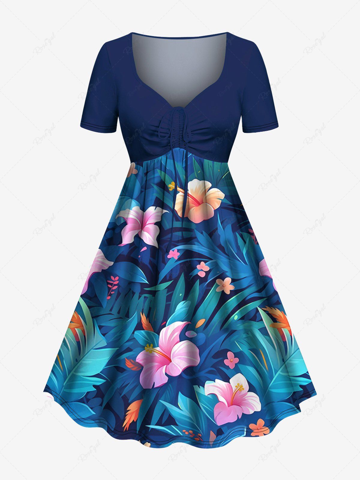 Robe hawaïenne cintrée grande taille à imprimé feuilles tropicales et fleurs d'hibiscus Bleu Ciel XXS