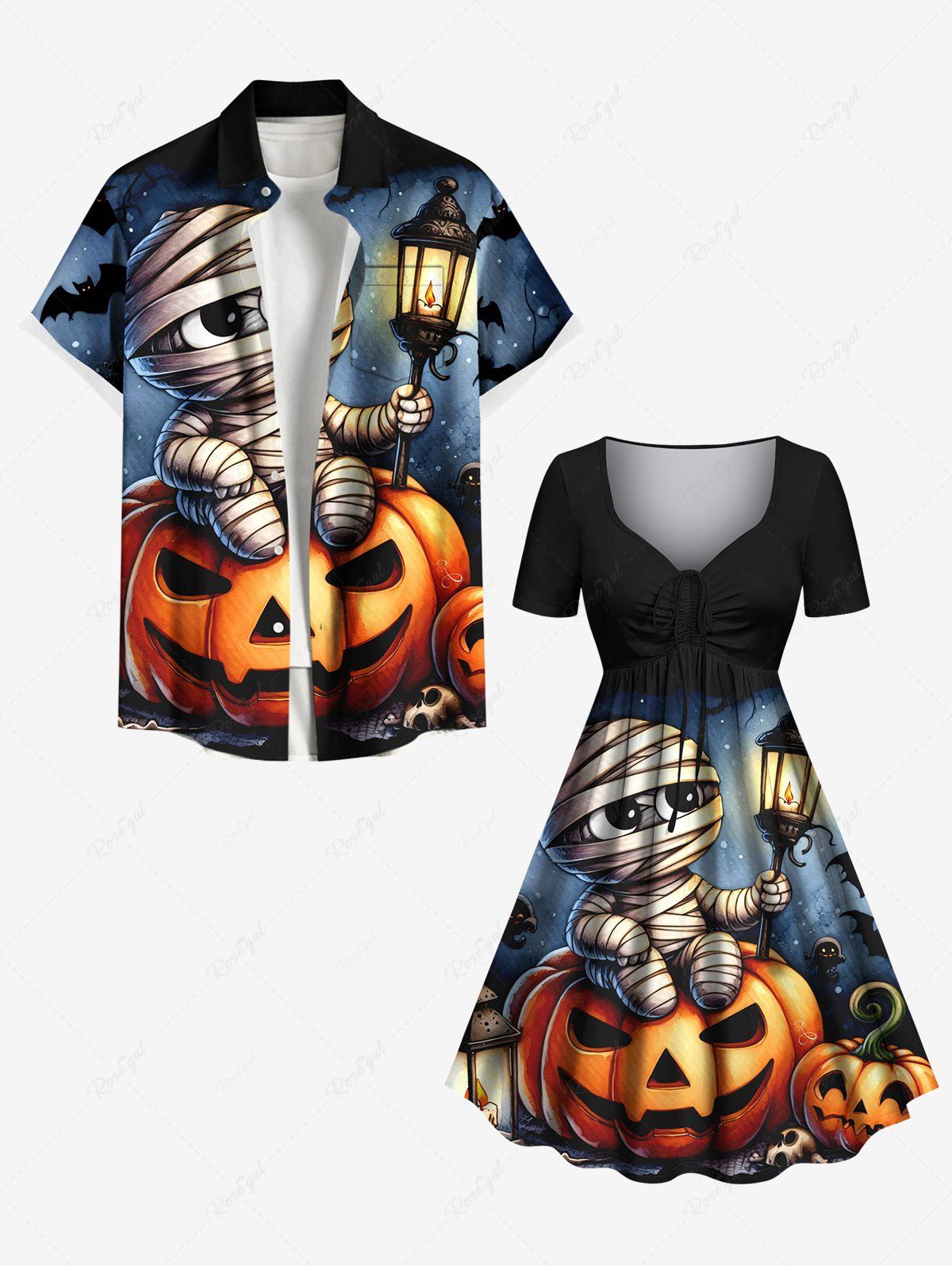 Chic Halloween Pumpkin Bat Mummy Baby Print Plus Size Matching Outfit For Couples  