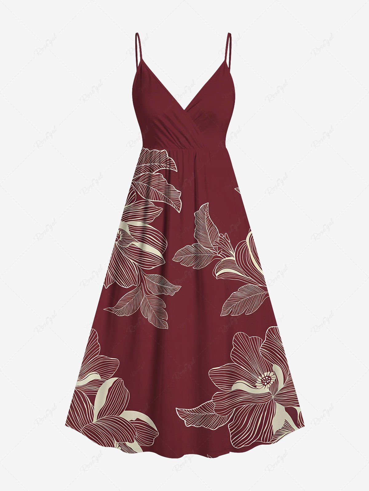 Robe camisole hawaïenne à imprimé fleurs et feuilles grande taille Rouge brique XXS