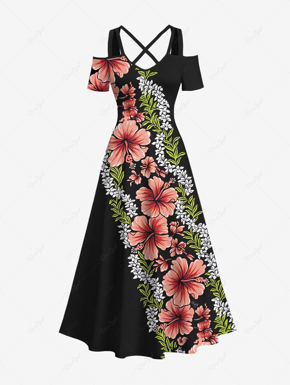 Robe longue hawaïenne grande taille à imprimé feuilles tropicales et fleurs d'hibiscus, épaules dénudées et croisées Noir XXS
