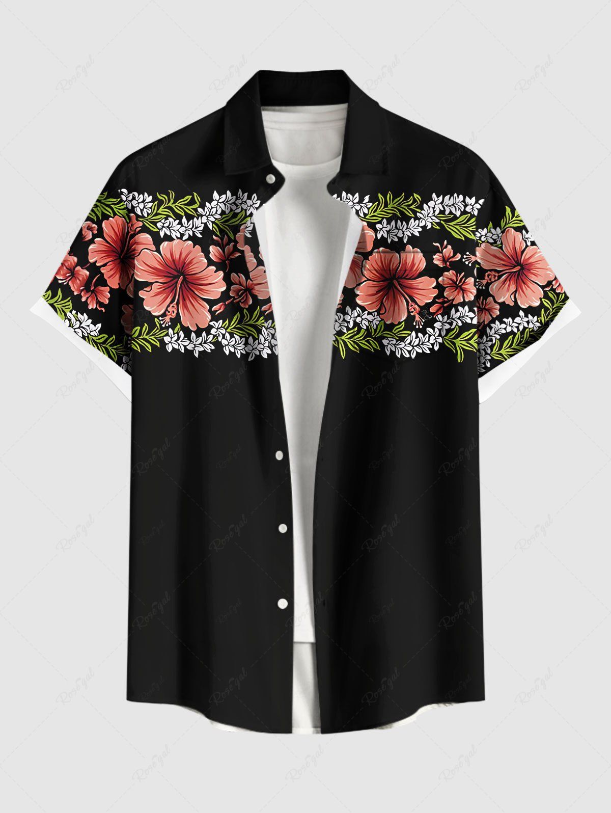 Chemise hawaïenne grande taille à imprimé feuilles tropicales et fleurs d'hibiscus, avec poches et boutons, pour homme Noir 3XL