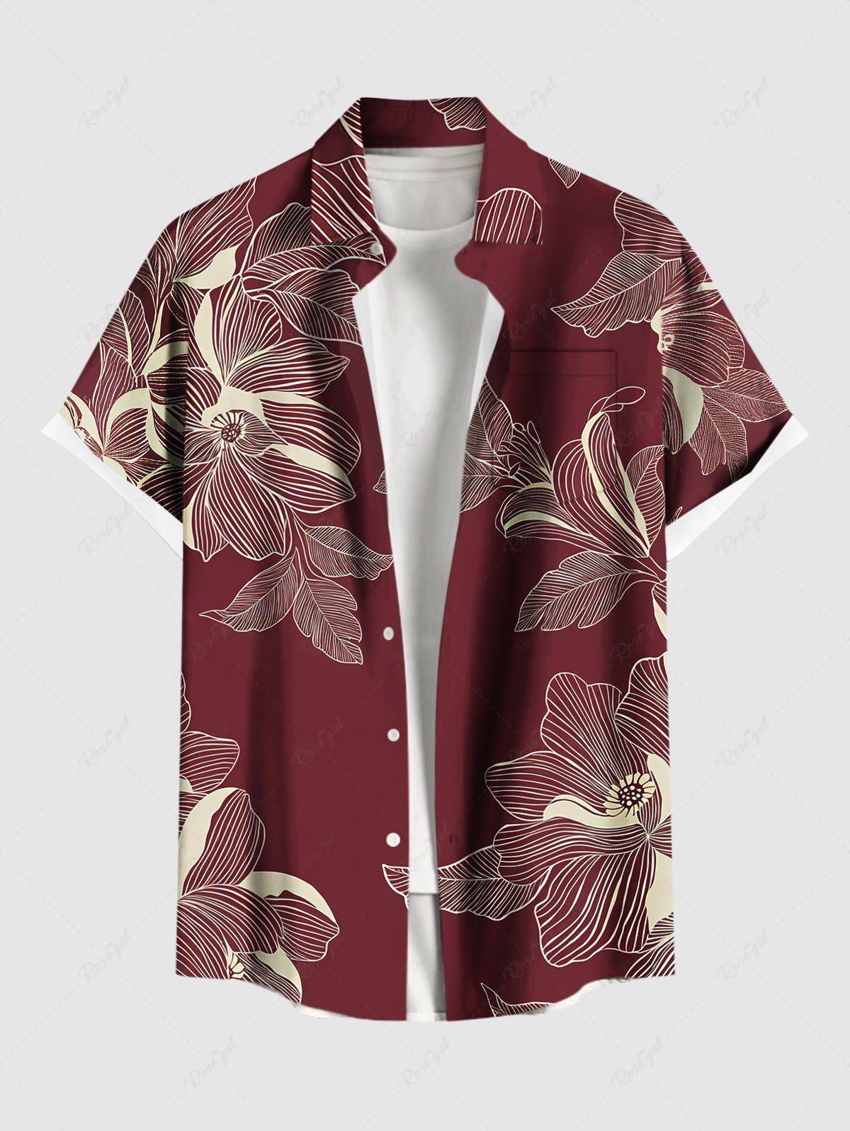 Chemise hawaïenne grande taille à imprimé fleurs et feuilles, avec poches et boutons, pour homme Rouge Vineux XL
