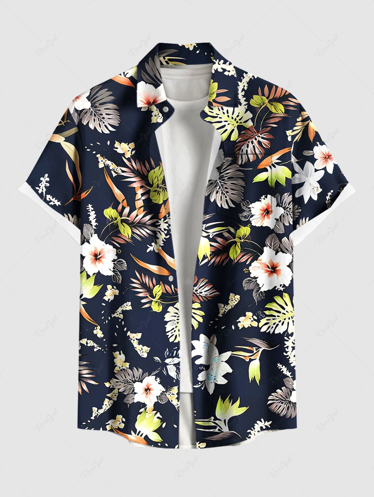 Chemise hawaïenne grande taille à imprimé feuilles tropicales et fleurs d'hibiscus, avec poches et boutons, pour homme Bleu Marine M