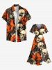Plus Size Skull Flower Print Hawaii Split Pocket A Line Midi Dress -  