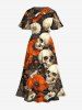 Plus Size Skull Flower Print Hawaii Split Pocket A Line Midi Dress -  