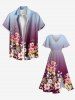 Plus Size Flower Leaf Branch Dip Dye Ombre Print Hawaii Split Pocket A Line Midi Dress -  