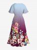 Plus Size Flower Leaf Branch Dip Dye Ombre Print Hawaii Split Pocket A Line Midi Dress -  