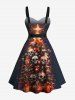 Robe trapèze boutonnée grande taille à imprimé tête de mort et sapin de Noël avec ceinture amovible - Noir 5X