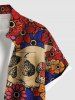 Plus Size Skull Flower Print Hawaii Button Pocket Shirt For Men -  