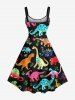 Robe trapèze hawaïenne grande taille à imprimé feuilles de dinosaures colorées - Noir 5X