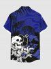Chemise hawaïenne grande taille à imprimé tête de mort, fleurs d'hibiscus et feuilles tropicales, boutons et poches pour homme - Bleu 5XL