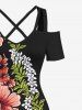 Robe longue hawaïenne grande taille à imprimé feuilles tropicales et fleurs d'hibiscus, épaules dénudées et croisées - Noir 3X