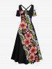 Robe longue hawaïenne grande taille à imprimé feuilles tropicales et fleurs d'hibiscus, épaules dénudées et croisées - Noir 3X