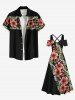 Robe longue hawaïenne grande taille à imprimé feuilles tropicales et fleurs d'hibiscus, épaules dénudées et croisées - Noir 3X