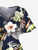 Robe mi-longue hawaïenne fendue à imprimé feuilles tropicales et fleurs d'hibiscus grande taille - Noir 3X